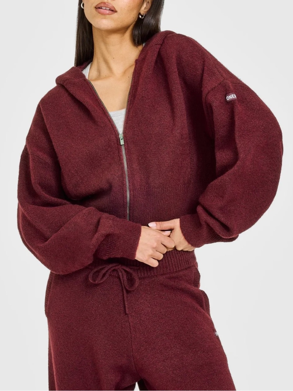Oner Active OVERSIZED KNIT ZIP UP MID HOODIE in Rosewood. Women’s UK Medium
